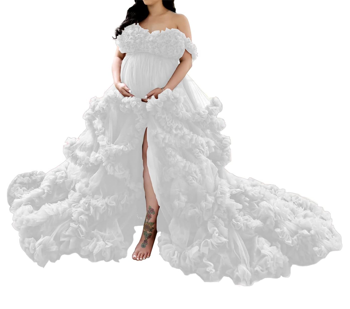 AHERKLL Women's Maternity Dress for Photoshoot Tulle Robes Puffy Ruffles Bridal Lingerie Bathgown IllusionZM007 White UK10