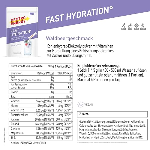Dextro Energy Fast Hydration Wildberry - 25 Sticks - Elektrolyte Pulver Sticks mit Zink Zusatz zur optimalen Hydration für Sport und Recovery