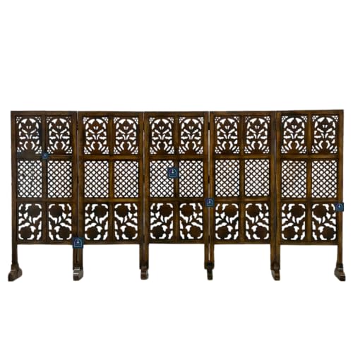 Image of Wooden Room Partition Screen with Burnt Wood Finish | Hand Buffed Traditional Handicraft Room Divider | Indoor Room Separator | Puja Room Divider (5 Panel 4 Feet with Stands)