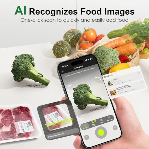 Image of Ultrean Smart Food Kitchen Scale with Nutritional Calculator, App for Macro & Calorie Tracking, AI Scan, Digital Grams and Ounces for Weight Loss, Rechargeable, Stainless Steel, 33lb /15kg