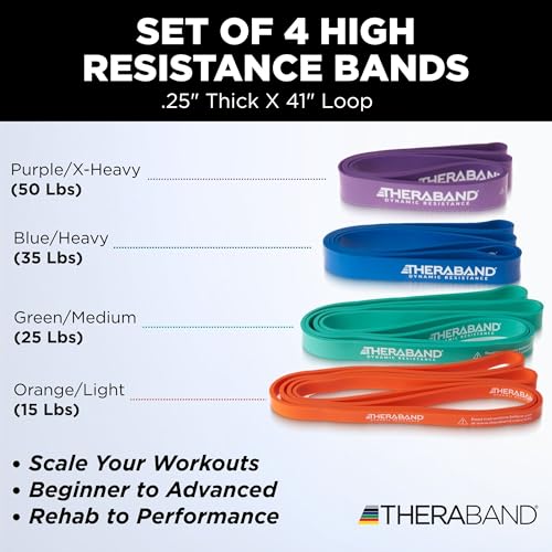 Image of THERABAND High Resistance Bands Set of 4, Light to Extra-Heavy Elastic Super Bands for Full Body Workouts, Physical Therapy, Strength Training, Durable 41 inch Loop Exercise Bands, 15-50 lbs Resistance