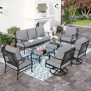7 Piece Metal Outdoor Patio Furniture Set Patio Conversation Sets 1 3 seater Sofa 2 Fixed Chairs 2 Swivel Chairs 2 Ottomans with 575 Thick Cushion Black Backyard Furniture Gray