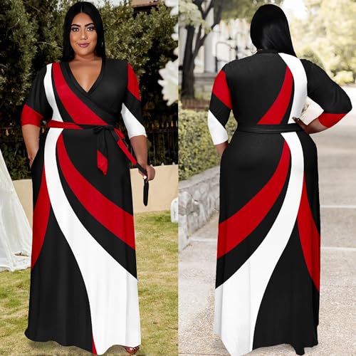 Image of Runwind Plus Size Dresses for Women Floral Maxi Dress Flowy 3 /4 Sleeve with Belt