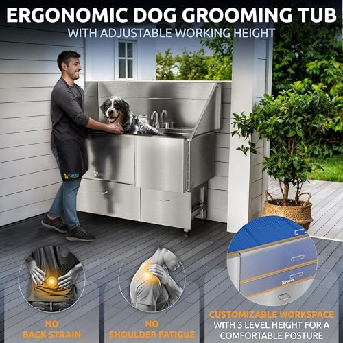 Image of KANIS Professional Dog Washing Station 304 Stainless Steel Pet Wash Sink & Grooming Bathtub w /Shower, Floor Grates and Storage for Large, Medium & Small Pets (Silver, 61 Inches, Right Ramp, 2 Drawers)