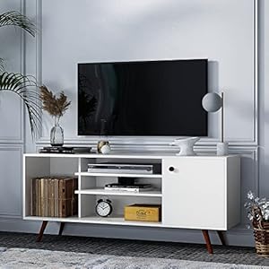 JOYSOURCE White Mid Century Modern TV Stand Modern Entertainment Center Wood Television Stands with Open Shelves…