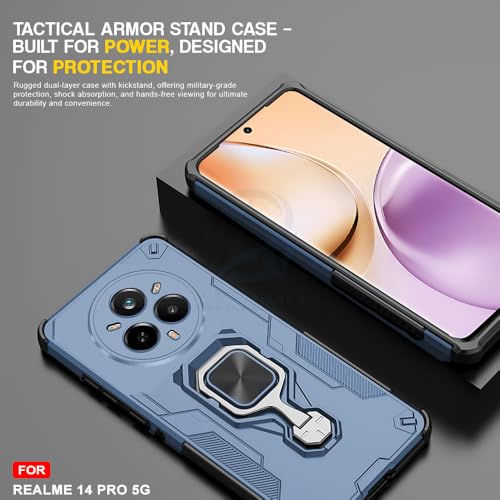 Image of AESTMO Armor Back Cover for Realme 14 Pro 5G | Ring Holder & Kickstand & Camera Protection in-Built | 360 Degree Protection Back Case Cover (Blue)