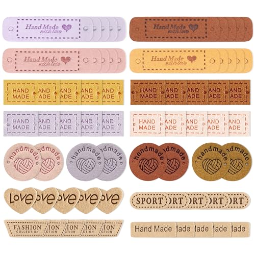 68 Piezas Etiquetas de Cuero, 7 Diseños Etiquetas Hecho a Mano, Coloridas Etiquetas Hechas a Mano con Agujeros Etiqueta de PU Hechas para Crochet Tejido Bricolaje Bolsos Sombreros