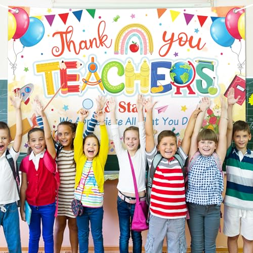 Image of Happy Teacher Day Banner Teacher Appreciation Week Decorations Flag Outdoor 71x44 Inch School Classroom Backdrop,Thank You Teacher Gifts for Indoor Home Party Supplies,Yard Sign Photography Background