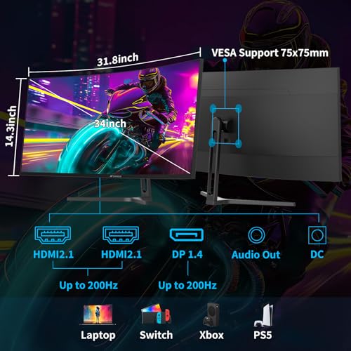 SANSUI 34-Inch Curved Gaming Monitor UWQHD 3440 x 1440P Up to 200Hz 165Hz Curved 1500R - PIP/PBP, OD 1ms, HDR, 300nits, sRGB 130%, DCI-P3 97%,AI Crosshair,HDMI2.1x2,DP1.4(Cable Included) - Image 4