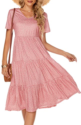 Berydress Women's Summer Dresses 2025 Sexy V-Neck Short Sleeve Midi Dress Casual Boho Loose Fit Tiered Babydoll Dress (L, 6175-Pink Dot)