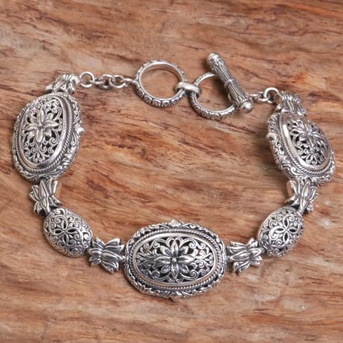 NOVICA Artisan Handmade Sterling Silver Link Bracelet with Floral Motif Indonesia [1.4 in L x 0.6 in W x 0.2 in D] ' Lotus Chain'4