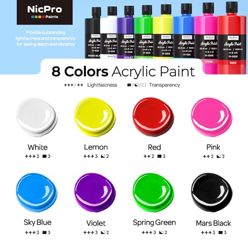 Image of Nicpro 8 Colors Large Bulk Acrylic Paint Set(16.9 oz), Rich Pigments