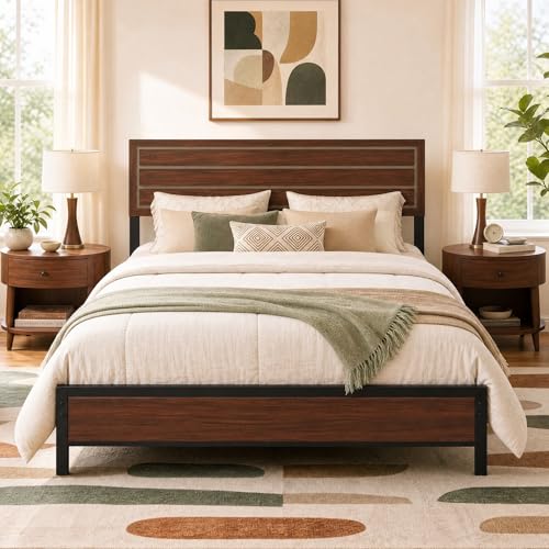 Image of LIKIMIO Queen Bed Frame with Headboard, Mid-Century Modern Queen Platform Bed, Heavy Duty Silent Metal Slats, No Box Spring Needed, Noise-Free, Dark Walnut