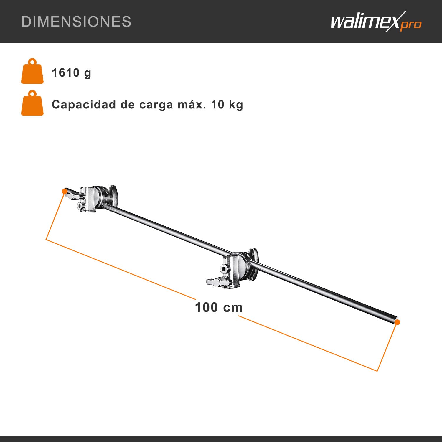 Walimex Pro - Brazo de extensión con abrazaderas atornilladas para trípodes de luz o barras transversales, plata