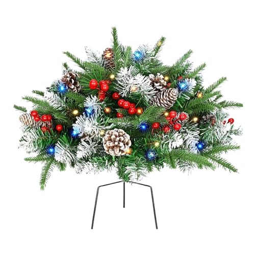 Outdoor Christmas Tree Urn Filler, Battery Operated Pre-lit Xmas Pine Trees, Holiday Porch Decorations for Porch, Yard, Garden, Flower Beds (1PC_Color_02)