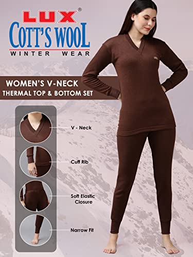 Image of Lux Cott's Wool Women's Thermal Set | Full Sleeves V Neck Solid Thermal Innerwear for Women | Soft Comfortable Body Warmer Set | Winter Top and Bottom