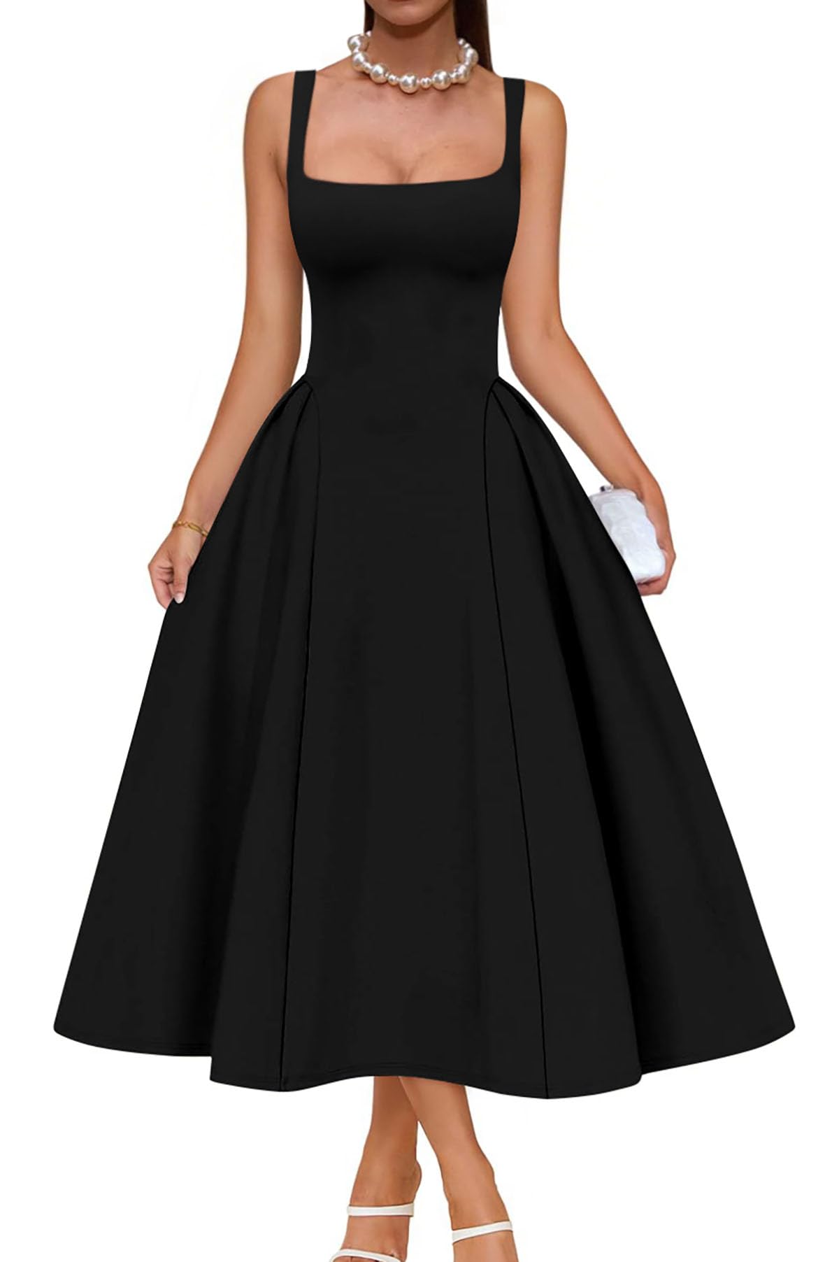 Memoriesea Women's Elegant Square Neck Swing A Line Wedding Evening Party Midi Dress
