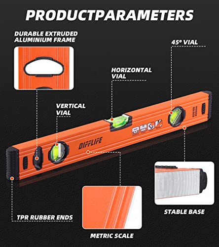 DIFFLIFE 18\" Level & Tool Aluminum Reinforced Torpedo Level (18inch) - Thumbnail 4