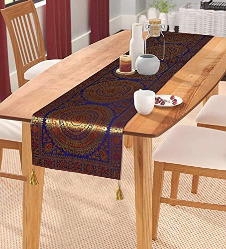 Image of Diwali Decor Brocade Jacquard Silk Table Runner Long Runner for Dinning & Centre Table Mandala Print 72 x 16 Inches (Navy Blue)