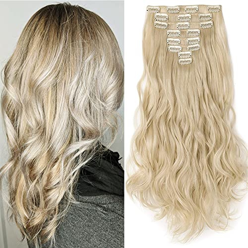 TESS Haarteile Clip in Extensions wie Echthaar günstig Haarverlängerung 8 PCS 18 Clips Haarteil Gewellt Haarteile 17"(43cm)-140g Blond Cover