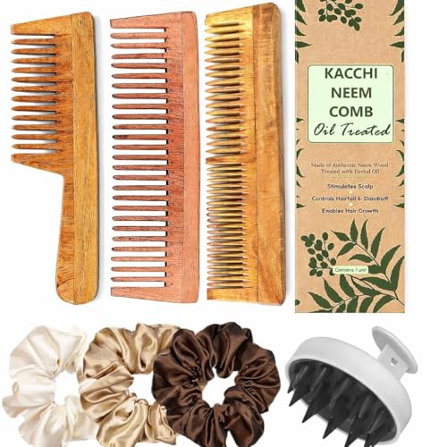 Image of Pack Of 7 Kacchi Neem Comb, Wooden Comb | Hair Growth, Hairfall, Dandruff Control | Hair Straightening, Frizz Control | Comb for Men, Women | Treated with Oil and herbs (All Combo)