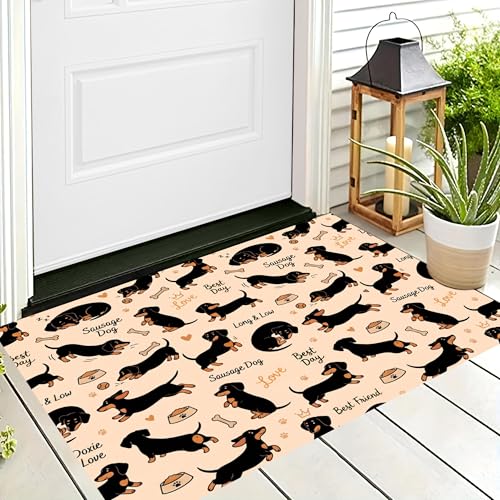 Paillasson Teckel mignon 90x150cm | Tapis d'entrée lavable et antidérapant beige et noir