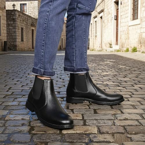 Image of Men Black Chelsea Boots, Faux Leather Ankle Boots with Elastic Side Panels