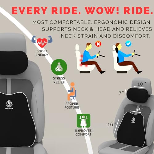 Image of MRRON Series Memory Foam Neck Rest & Lumbar Support for Car or Office Chair, Neck Pillow Kit Designed Ergonomically for Extra Support (Black, Slim backrest)