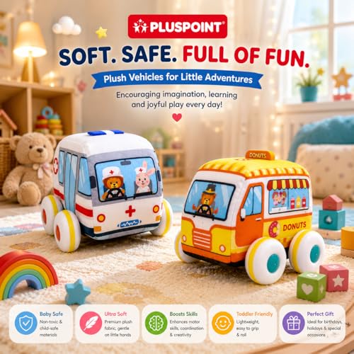Image of PLUSPOINT Soft Pull Back Vehicle Set of 2 - Plush Baby Toy Cars with Ambulance & Donut Car Design, Soft Washable Pull Back Toys for Babies & Toddlers 2+ Years