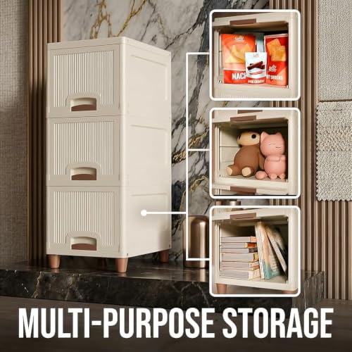 Image of Multipurpose Foldable Drawer Cabinet Organizer - Plastic Storage Cupboard with Double Door & Wheels | Clothes Rack, Kids Wardrobe for Home, Kitchen, Office (Ivory Drawer) 3 Layer