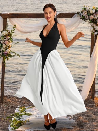 Image of ChiaoLezhee Deep V Neck Dress, Halter Maxi Dresses, Vacation Date Night, Sexy for Women Corset Flowy Wedding Guest Drop Waist