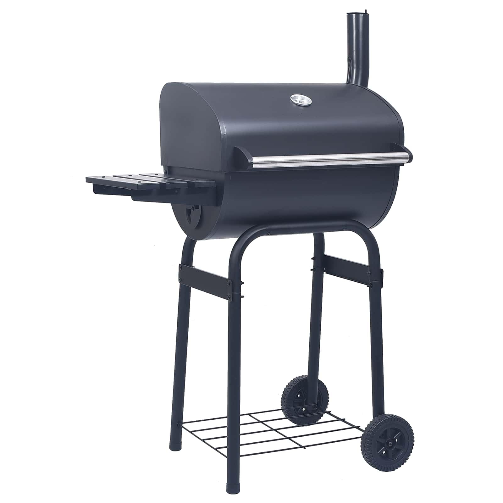 Grill węglowy 75 x 48 x 120 cm srebrny | Stal malowana proszkowo, zintegrowany termometr, koła, obszar gotowania Φ37 x 2 sztuki