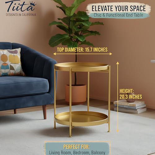 Image of Tiita Gold Round End Table, 2-Tier Metal Side Table, Accent Nightstand