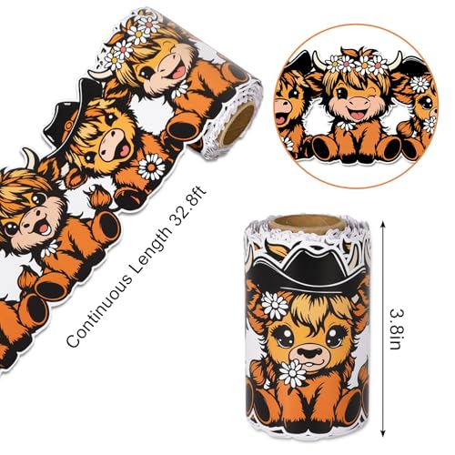 Image of Whaline Cartoon Highland Cow Bulletin Board Border Brown Cow Flower Die Cut Trim Border Roll for Back to School Classroom Home Party Supplies