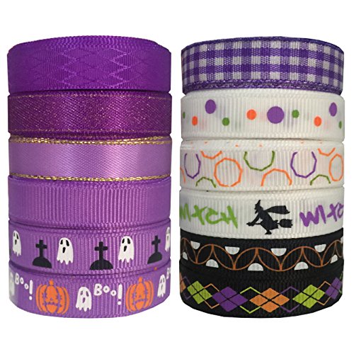 DUOQU 24 Yards 3/8" 12 Styles (12x2yd) Halloween Ribbon with Grosgrain Ribbon Satin Ribbon Plaid Ribbon Printed Halloween Element Pattern Purple Series