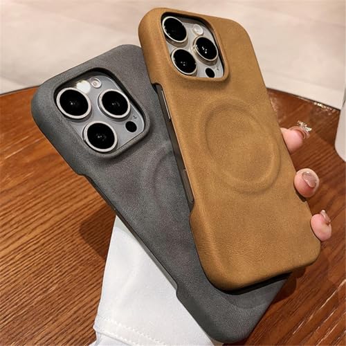 Coque magnétique puissante iPhone 13 Pro Max cuir marron et fourrure antichoc - 2