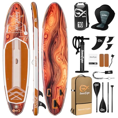 InnoExpo 11' Inflatable Stand Up Paddle Boards with Premium Accessories, Wide Stable SUP Paddle Board Design, Non-Slip Comfort Deck for Youth & Adults (Timber/Kayak Seat)