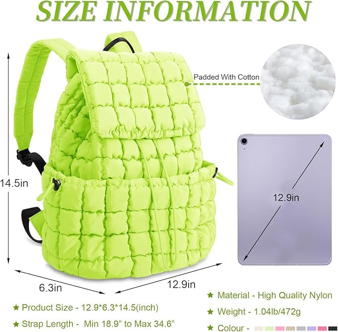 Image of MOCA Quilted Puffer Backpack for Women, Nylon Puffy Casual Girls Womens Backpack, Lightweight Hiking Gym Daypack Preppy Travel Bag with Adjustable Top Flap Drawstring