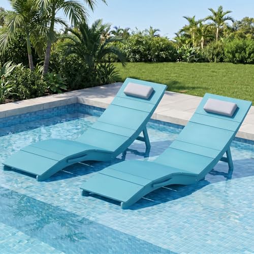 Image of Stoog Pool Chaise Lounge Chairs Set of 2, HIPS Anti-Floating Folding Outdoor Chaise with Headrest, Heavy Duty Patio Furniture for Poolside, Hotel, Beach & Sun Decks, Turquoise