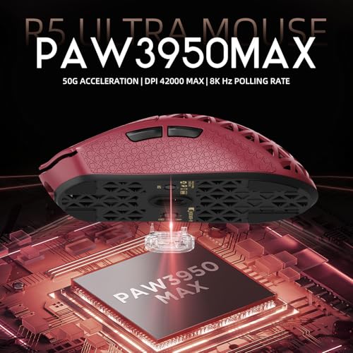 Image of R5Ultra 8K Carbon Fiber Wireless Gaming Mouse with 42000 DPI -PAW3950 MAX Sensor -39g Ultra-Lightweight-Nordic 52840 MCU Chip-Wired /BT /2.4GHz Wirelss Programmable Mouse Tape for PC /Mac (Red)