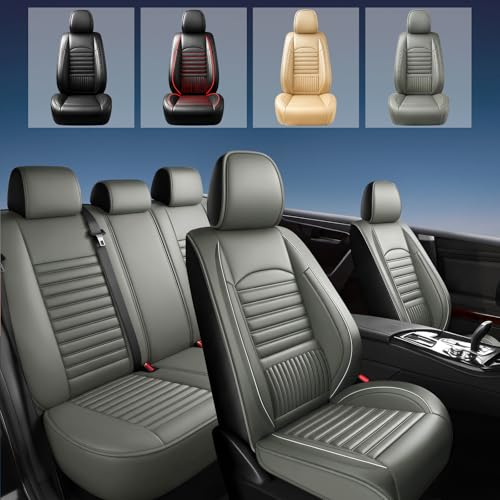 Image of Fit Sierra Car Seat Covers (5 Seats Full Set) Compatible with GMC Sierra 1500 /2500 /3500 2000-2026-Full Coverage Breathable Leather, Airbag Compatible, Waterproof & All-Weather,Grey
