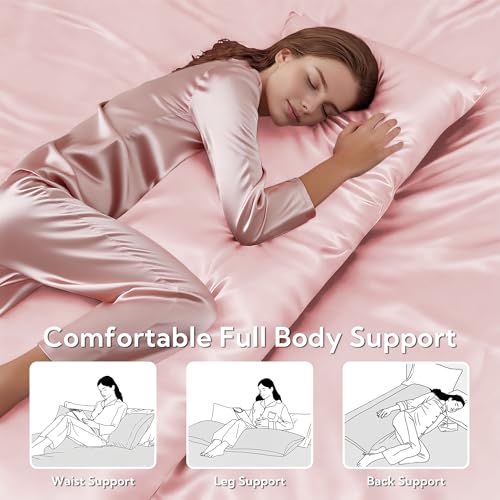 Image of MR&HM Satin Body Pillow Cover, Soft and Breathable Body Pillow Case with Envelope Closure, Cooling and Silky Long Pillowcase for Hair and Skin,Grey (20x54, Light Pink)