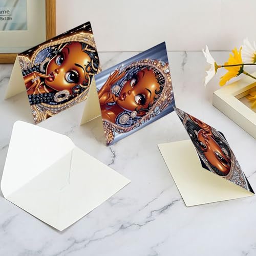 Image of AiYuanzsh 6 Pcs 5D Diamond Painting Greeting Card Kits, Luxury Black Beauty Design DIY Diamond Art Greeting Cards with Envelopes, Handmade Rhinestone Cards for Adults Birthday & Festival Celebration