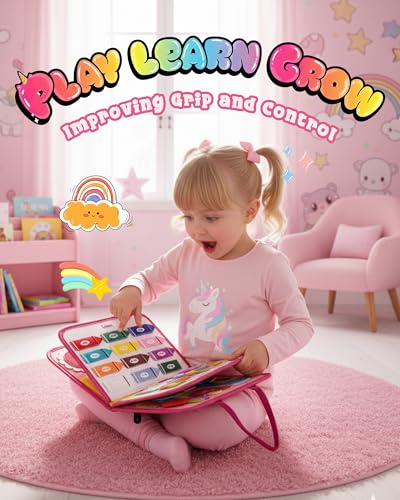 Image of Pink Montessori Busy Board for Toddlers,8-Page Sensory Activity Book for Fine Motor Skills & Basic Dress Learning, Portable Travel Toy for Preschool Kids, Portable Travel Gift for Preschool Girls