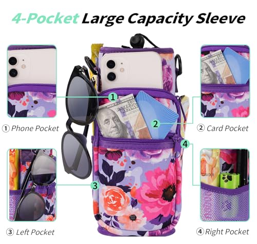 Image of 32 oz 40 oz Water Bottle Sleeve with 4 Pocket, Neoprene Water Bottle Carrier Bag with Strap & Paracord Handle, Metal Steel Water Flask Sling Pouch Holder for Walking Hiking-Purple Rose