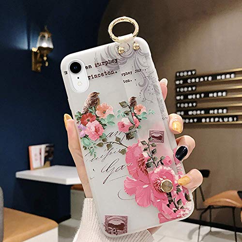 Robinsoni Case Compatible with iPhone XR Semi-Transparent Floral Flower Pattern Cover for Girls Women TPU Silicone Wrist-Band & Mental Ring Case Glitter Floral Cover Shockproof Bumper Back Case
