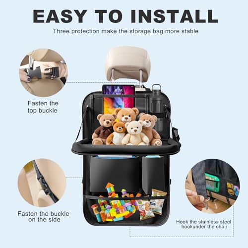Image of 2Pack Car Backseat Organizer with Foldable Table Tray,6 Storage Pockets Car Storage Organizer with Tablet Holder,Car Seat Back Protectors Kick Mats Travel Accessories (Black)