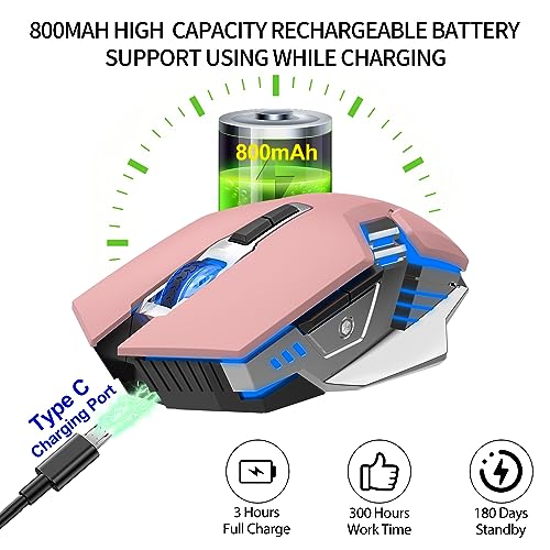 Image of Bluetooth Wireless Gaming Mouse, RGB Rechargeable USB Wireless Mouse, Quiet Click, LED Backlit, Ergonomic, with Side Button, DPI Adjustable Computer Mice for Laptop PC MacBook Chromebook - Pink