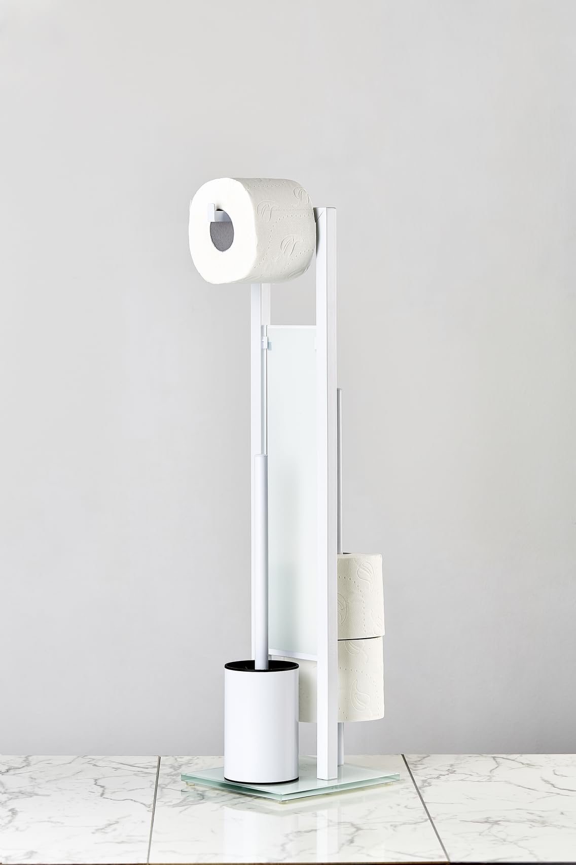WENKO Combiné WC Rivalta | 3 en 1| Brosse WC et Dérouleur Papier Toilette | Stockage Papier | Tête de Brosse remplaçable | Acier INOX Blanc et Verre trempé| 18x70x23 cm | Blanc
