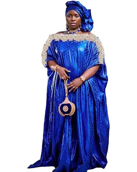 Generic Bazin Riche African Long Dresses Dashiki Robe with Scarf Women Female Wedding Party Clothing Bazin Riche Dress Royal Blue